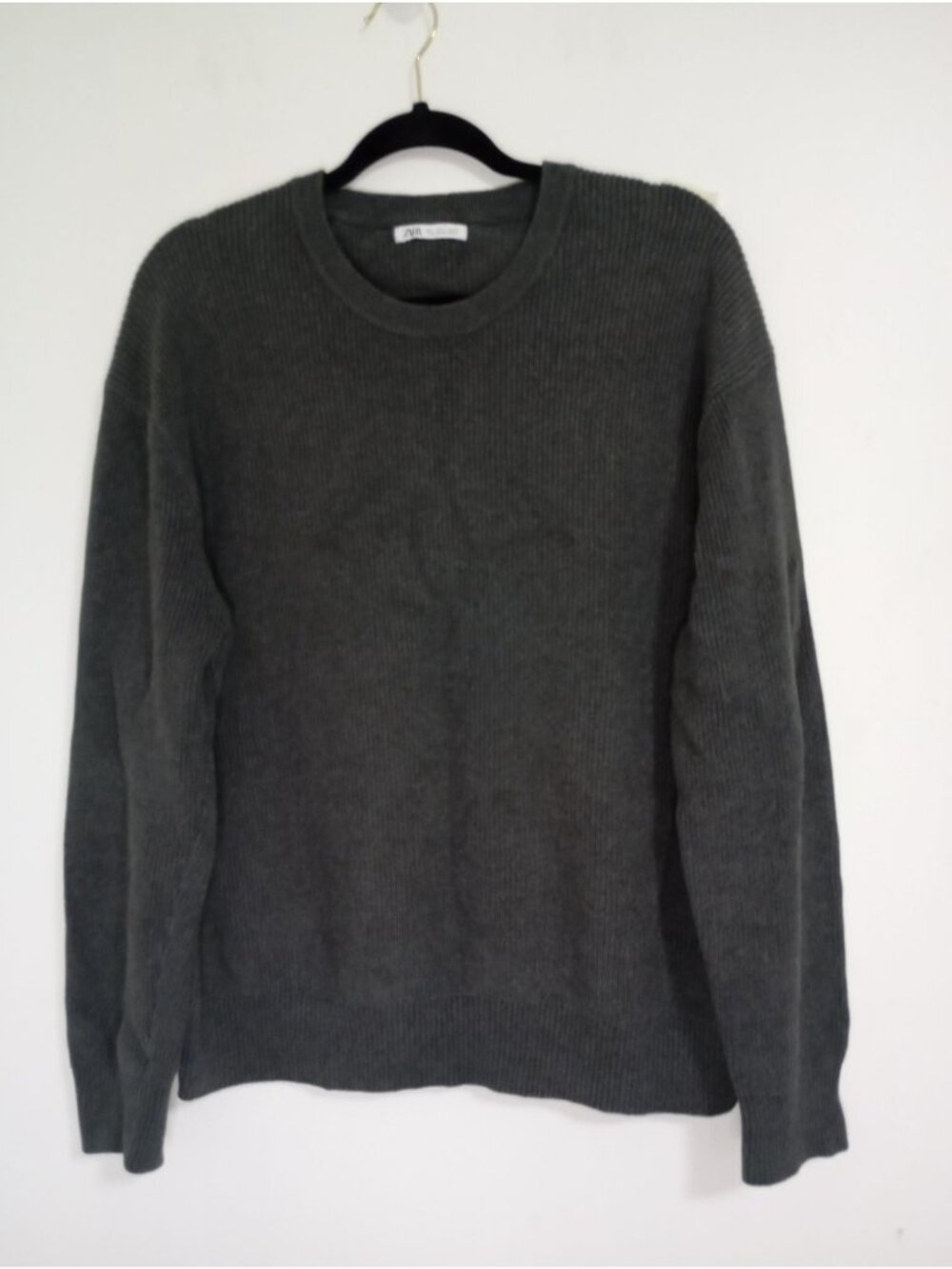 Zara Mens Ribbed Knit Crewneck Sweater Gray 100% Cotton Size L
